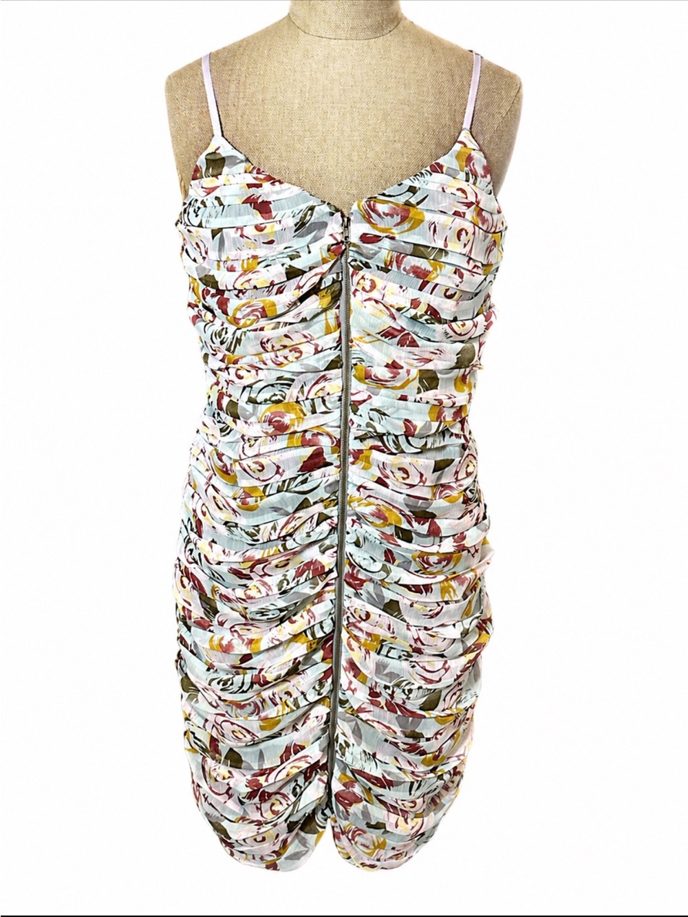 Boston Proper Ruched Corset Bodycon Floral Mini Dress Zip Front Coquette Size 8